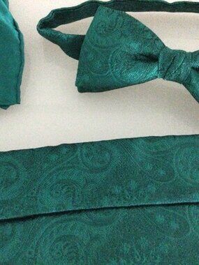 Vintage Ashear Teal Silk Adjustable Bow Tie and Cummerbund with Scarf Set